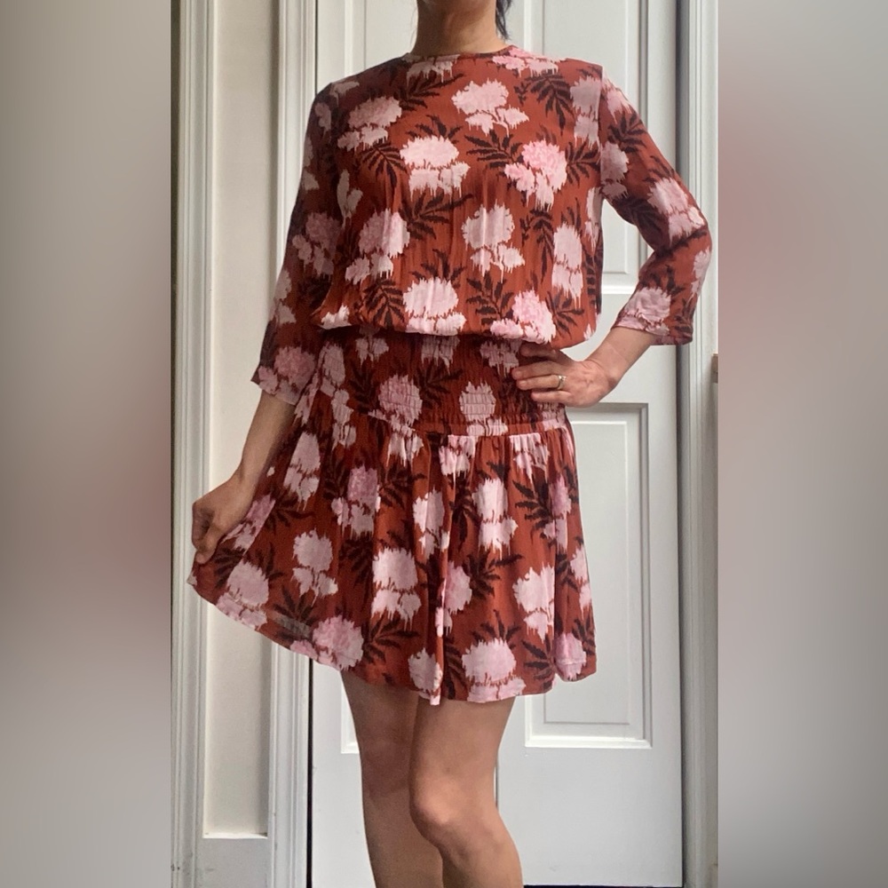 FLASH SALE GANNI Terracotta and Pink Floral mini Monette Georgette dress size 36